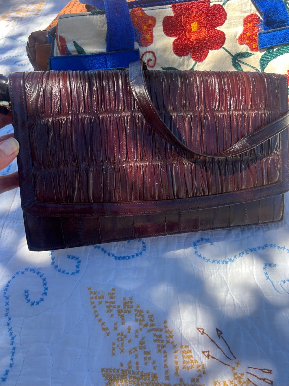 Classic Textured Eel Skin Shoulder Bag - Brown/Burgandy